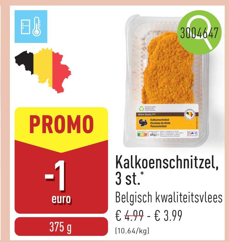 Kalkoenschnitzel, 3 st. voorgegaard en gepaneerd kalkoenlapje, Belgisch kwaliteitsvlees