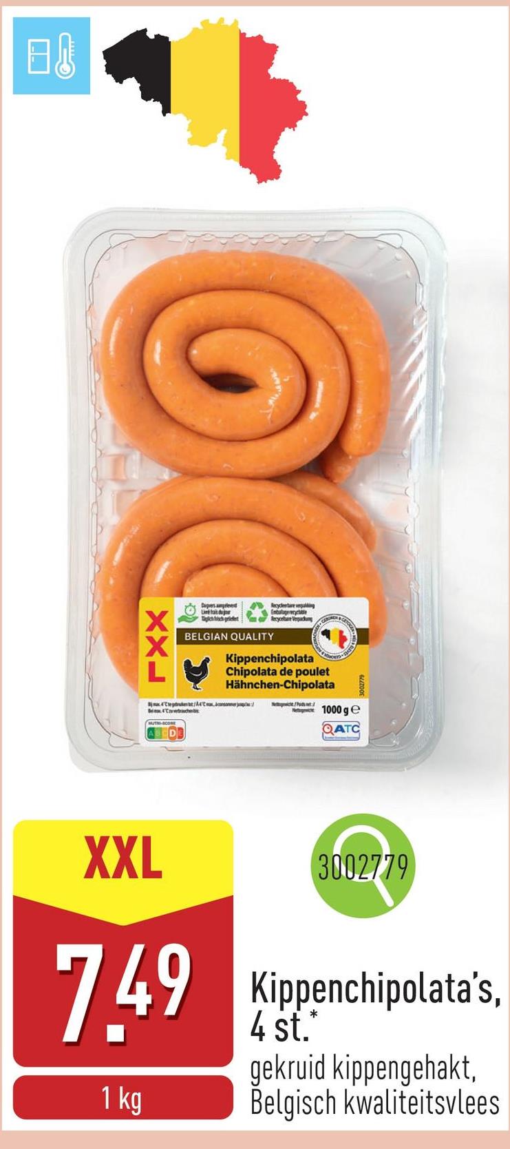 Kippenchipolata's, 4 st. gekruid kippengehakt in schapendarm, Belgisch kwaliteitsvlees