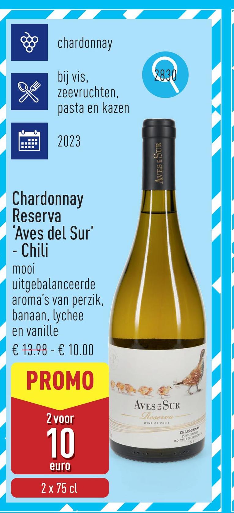 Chardonnay Reserva 'Aves del Sur' - Chili typische chardonnay uit Chili met mooi uitgebalanceerde aroma's van perzik, banaan, lychee en vanille, aangename, gerookte afdronk door lagering op eikenhouten vatendruivensoort: chardonnayaanbeveling: bij vis, zeevruchten, pasta en kazenserveertemperatuur: 10-12 °Cjaargang: 2023