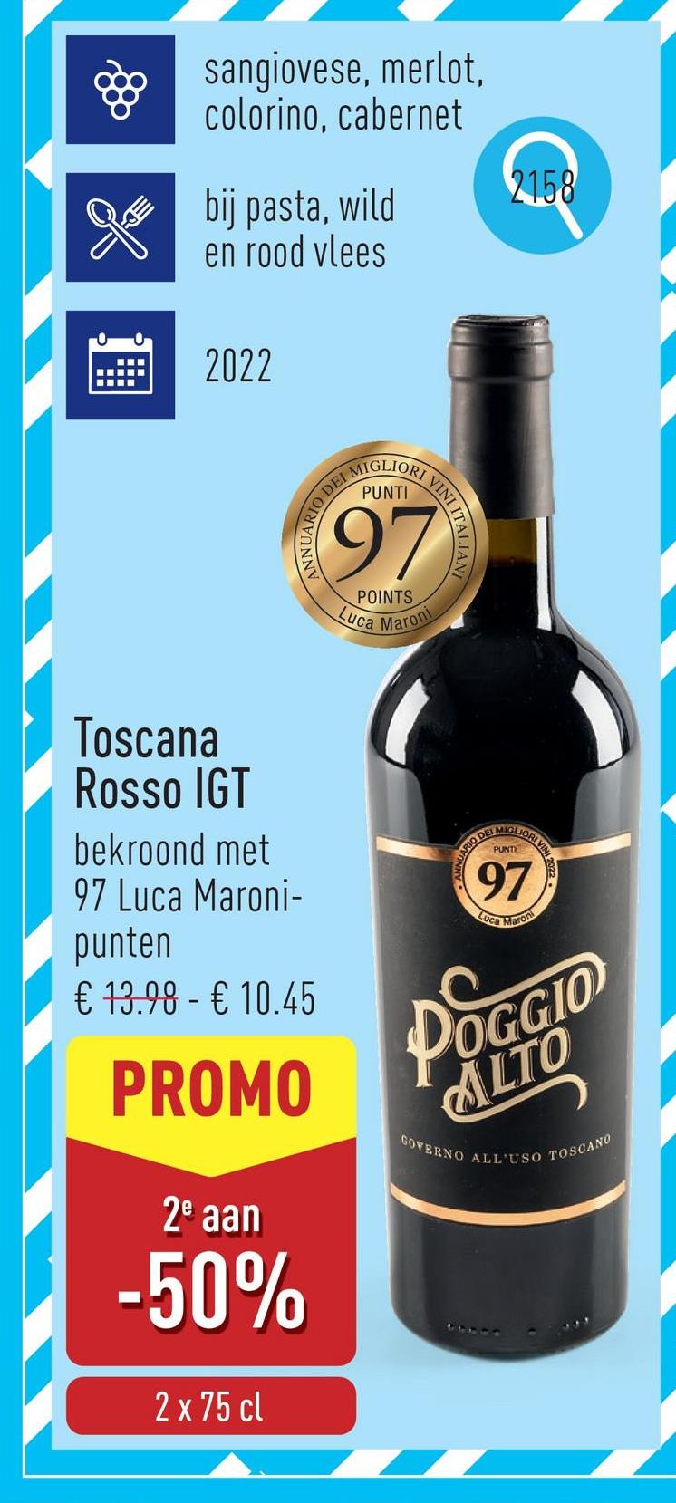 Toscana Rosso IGT intense rode wijn met in de neus rijpe rode en zwarte kersen, in de mond zijdezacht, met zoete tannines met een aangename soepele afdronk, bekroond met 97 Luca Maroni-puntendruivensoorten: sangiovese, merlot, colorino, cabernetaanbeveling: bij pasta, wild en rood vleesserveertemperatuur: 16-18 °Cjaargang: 2022