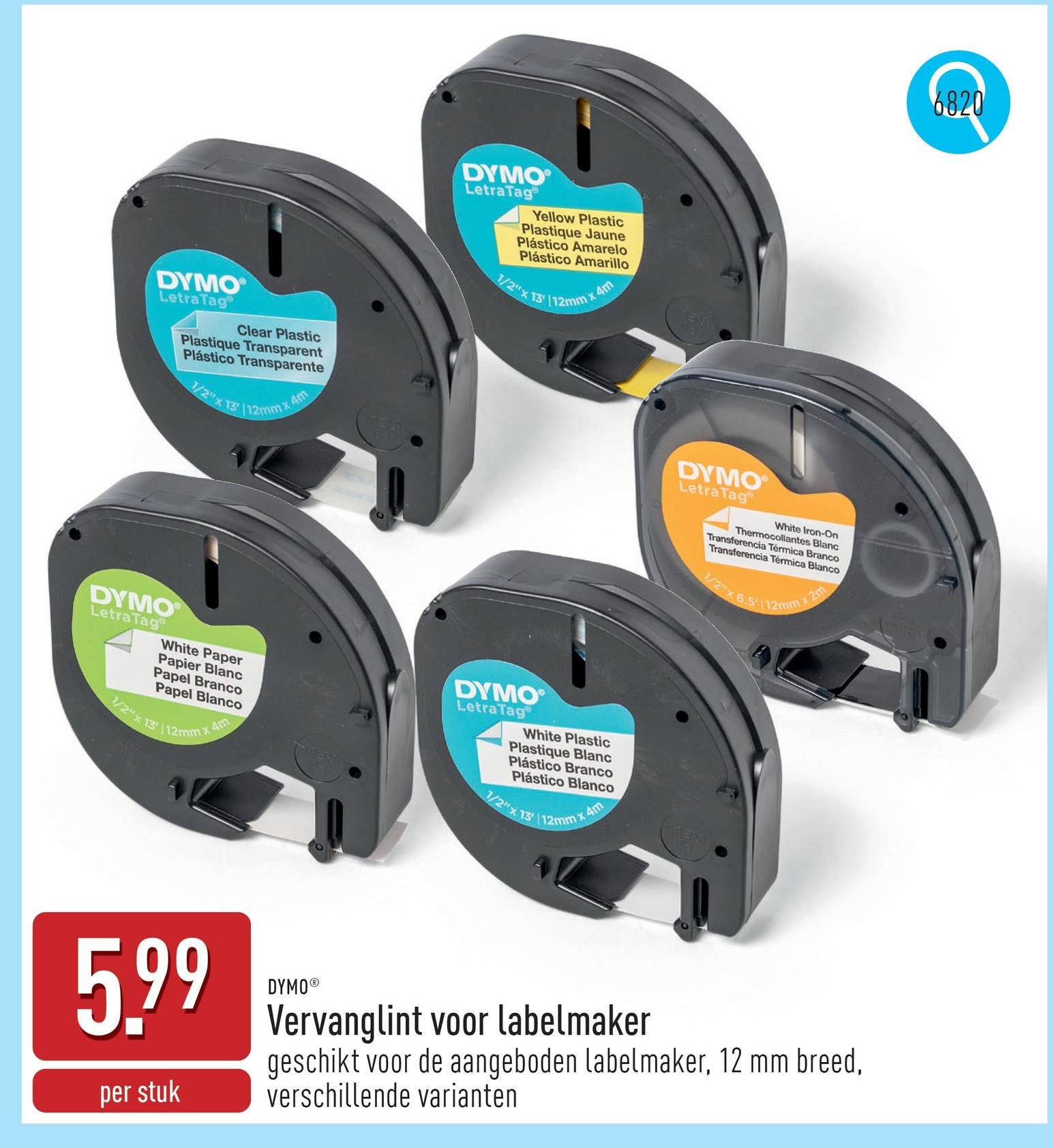 Vervanglint voor labelmaker geschikt voor de aangeboden labelmaker, 12 mm breed, keuze uit verschillende varianten