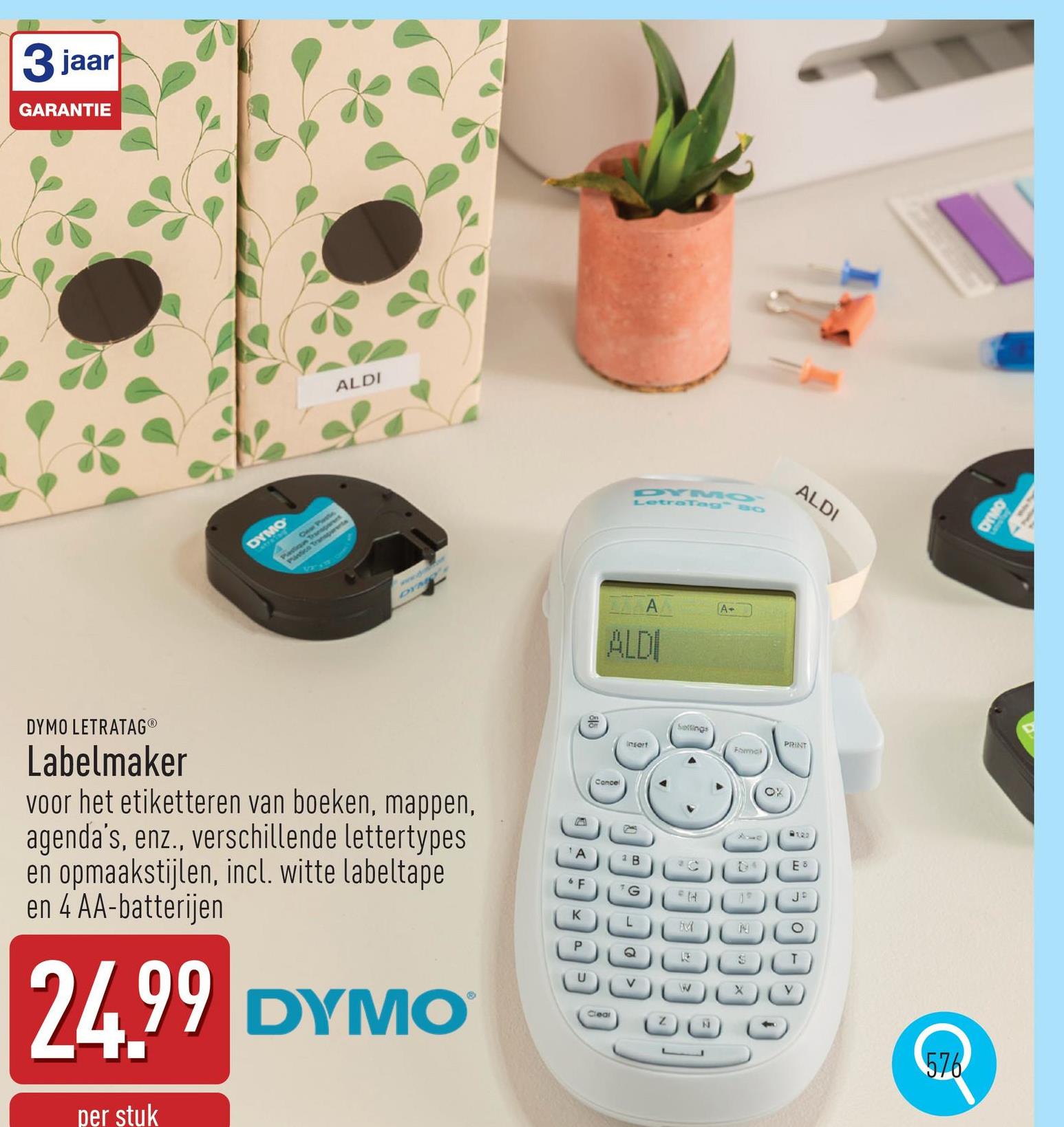 Labelmaker voor het etiketteren van boeken, mappen, agenda's, enz., verschillende lettertypes en opmaakstijlen, incl. witte labeltape van 4 m en 4 AA-batterijen