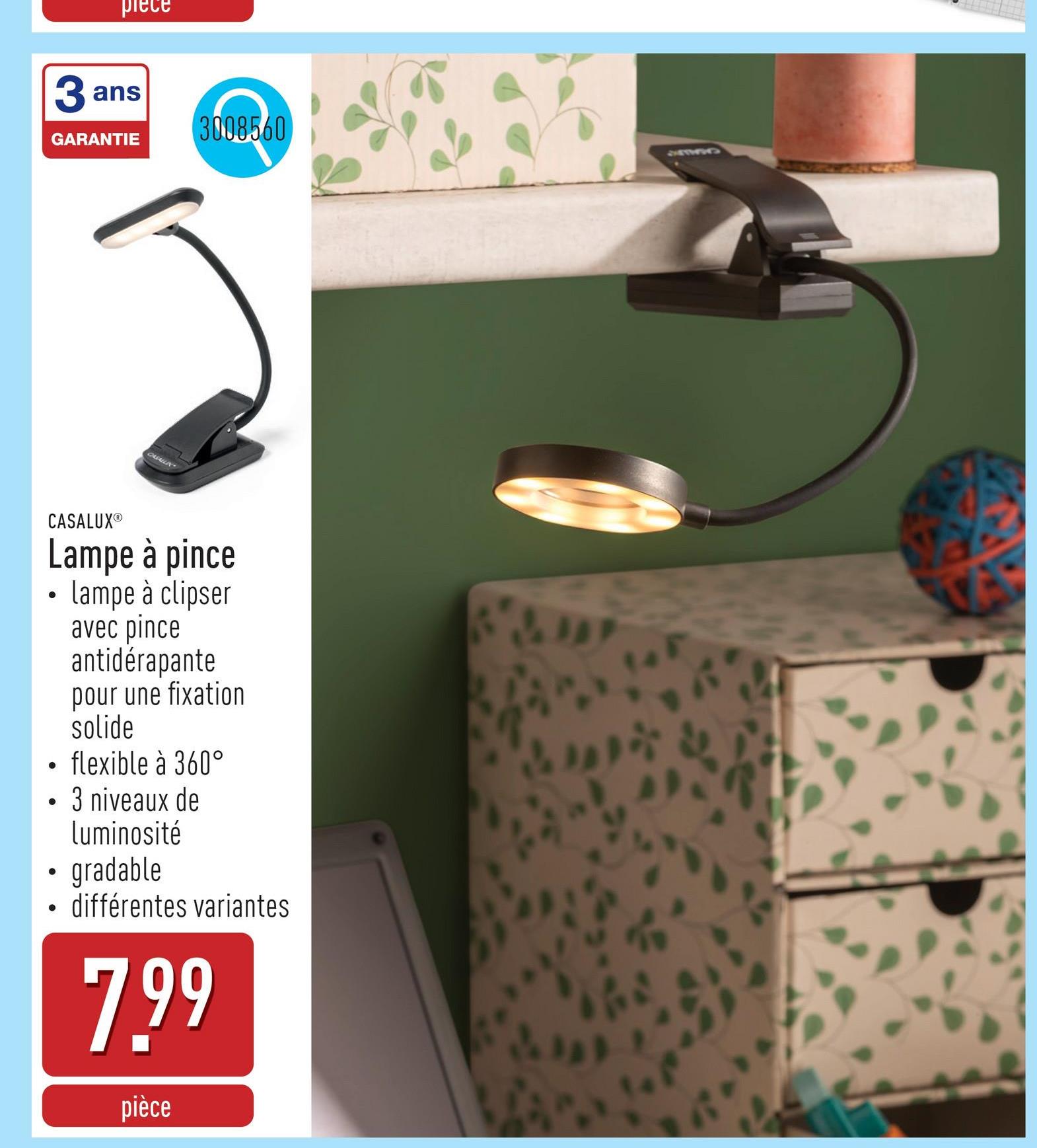 Lampe à pince lampe à clipser avec pince antidérapante pour une fixation solide, flexible à 360°, 3 niveaux de luminosité, gradable, différentes variantes