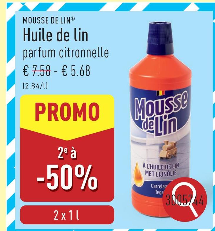 Huile de lin pour sols en carrelage, en pierre naturelle et tous les sols non huilés ou cirés, au frais parfum de citronnelle, produite en Belgique