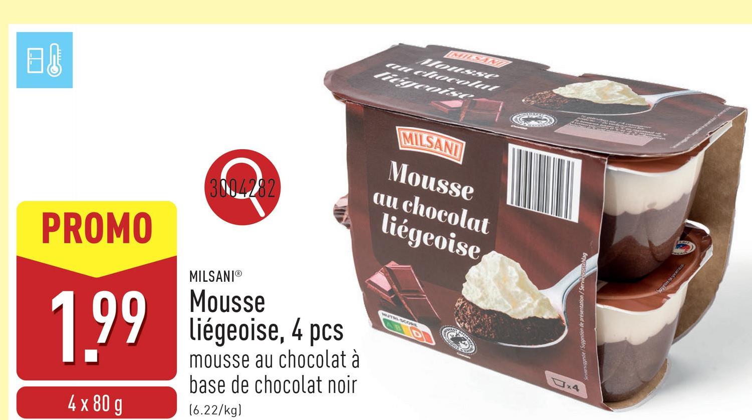 Mousse liégeoise, 4 pcs mousse au chocolat à base de chocolat noir, nappée de crème chantilly