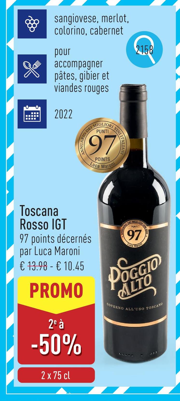 Toscana Rosso IGT vin rouge intense au bouquet de cerises rouges et noires mûres, soyeux en bouche, avec des tanins doux et une agréable finale souple, 97 points décernés par Luca Maronicépages : sangiovese, merlot, colorino, cabernetsuggestion : pour accompagner pâtes, gibier et viandes rougestempérature de service : 16-18 °Cmillésime : 2022