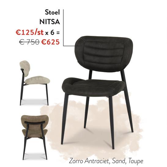 Stoel
NITSA
€125/st x 6 =
€ 750 €625
Zorro Antraciet, Sand, Taupe