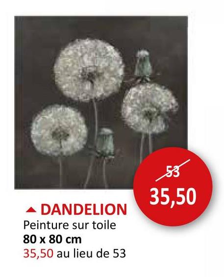 DANDELION
Peinture sur toile
80 x 80 cm
35,50 au lieu de 53
53
35,50