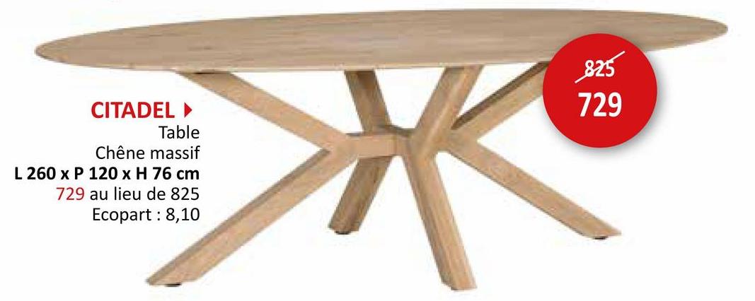 CITADEL ►
Table
Chêne massif
L 260 x P 120 x H 76 cm
729 au lieu de 825
Ecopart: 8,10
825
729