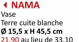 ◄ NAMA
Vase
Terre cuite blanche
Ø 15,5 x H 45,5 cm
21.90 au lieu de 33.10