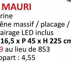 MAURI
rine
êne massif / placage /
airage LED inclus
16,5 x P 45 x H 225 cm
9 au lieu de 853
Opart: 4,55