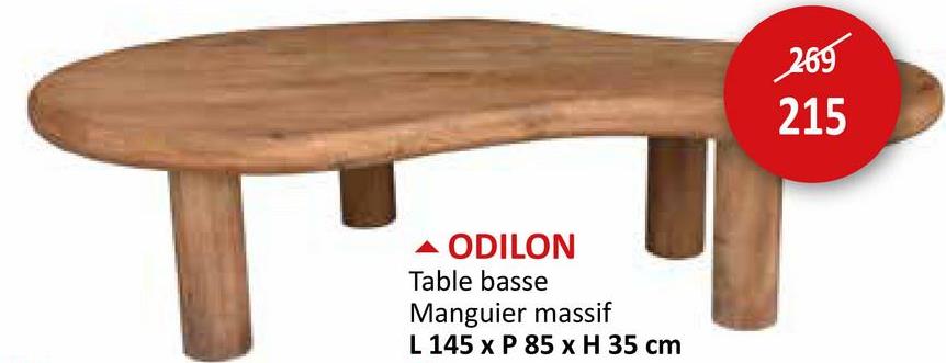 ODILON
Table basse
Manguier massif
L 145 x P 85 x H 35 cm
269
215