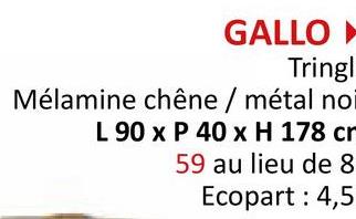 GALLO▸
Tringl
Mélamine chêne / métal noi
L 90 x P 40 x H 178 cr
59 au lieu de 8
Ecopart: 4,5