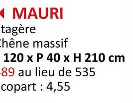 MAURI
tagère
Chêne massif
120 x P 40 x H 210 cm
89 au lieu de 535
copart: 4,55