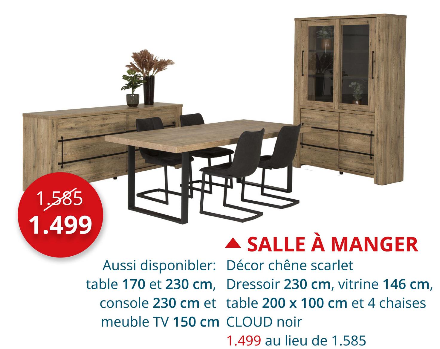 1.585
1.499
Aussi disponibler:
table 170 et 230 cm,
console 230 cm et
meuble TV 150 cm
▲ SALLE À MANGER
Décor chêne scarlet
Dressoir 230 cm, vitrine 146 cm,
table 200 x 100 cm et 4 chaises
CLOUD noir
1.499 au lieu de 1.585