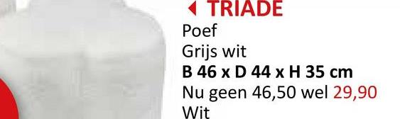 TRIADE
Poef
Grijs wit
B 46 x D 44 x H 35 cm
Nu geen 46,50 wel 29,90
Wit