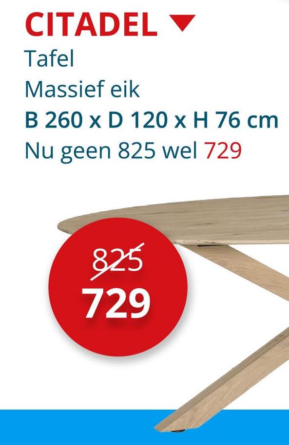 CITADEL
Tafel
Massief eik
B 260 x D 120 x H 76 cm
Nu geen 825 wel 729
825
729