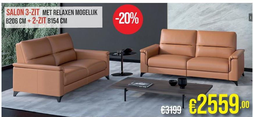 SALON 3-ZIT MET RELAXEN MOGELIJK
B206 CM+2-ZIT B154 CM
-20%
€3199
€2559.0