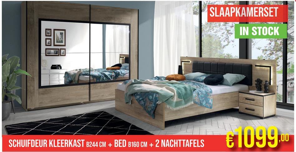 SCHUIFDEUR KLEERKAST B244 CM + BED B160 CM + 2 NACHTTAFELS
SLAAPKAMERSET
IN STOCK
€1099.00