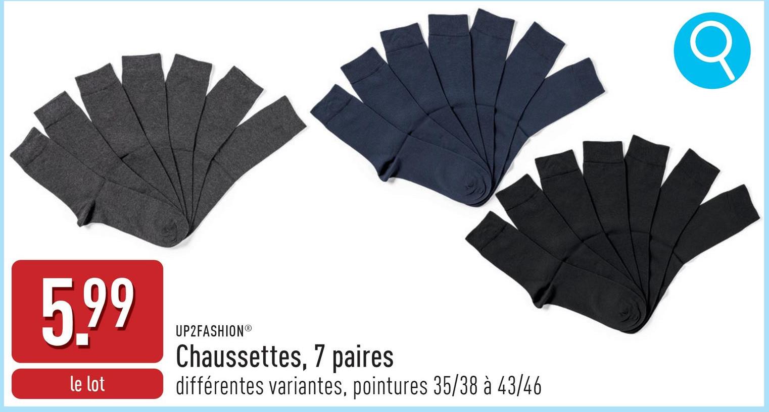 Chaussettes, 7 paires coton/polyamide/élasthanne (Lycra®), choix entre différentes variantes, pointures 35/38 à 43/46, certifiées OEKO-TEX®