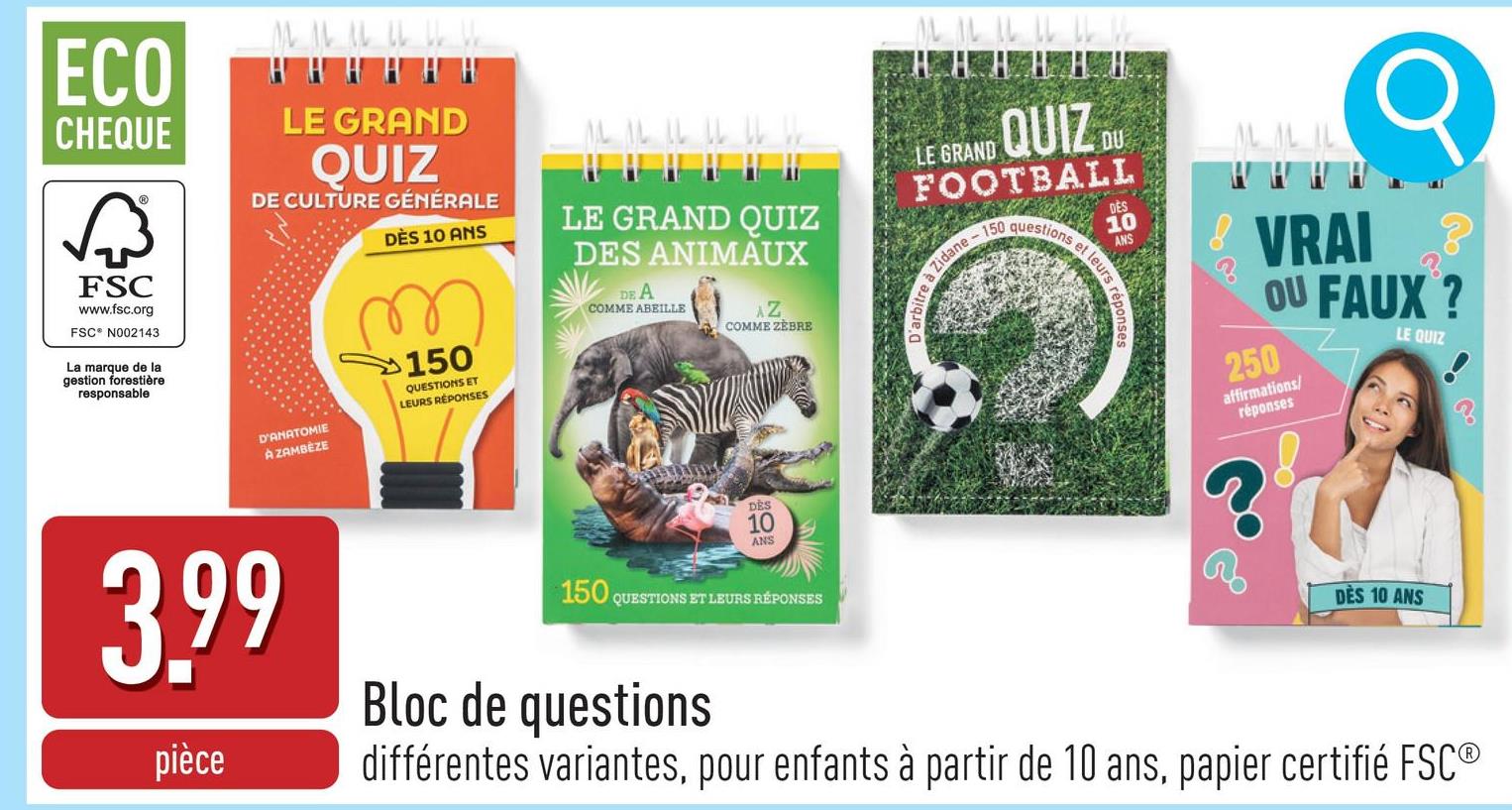 Bloc de questions choix entre différentes variantes, conviennent pour enfants à partir de 10 ans, papier certifié FSC®