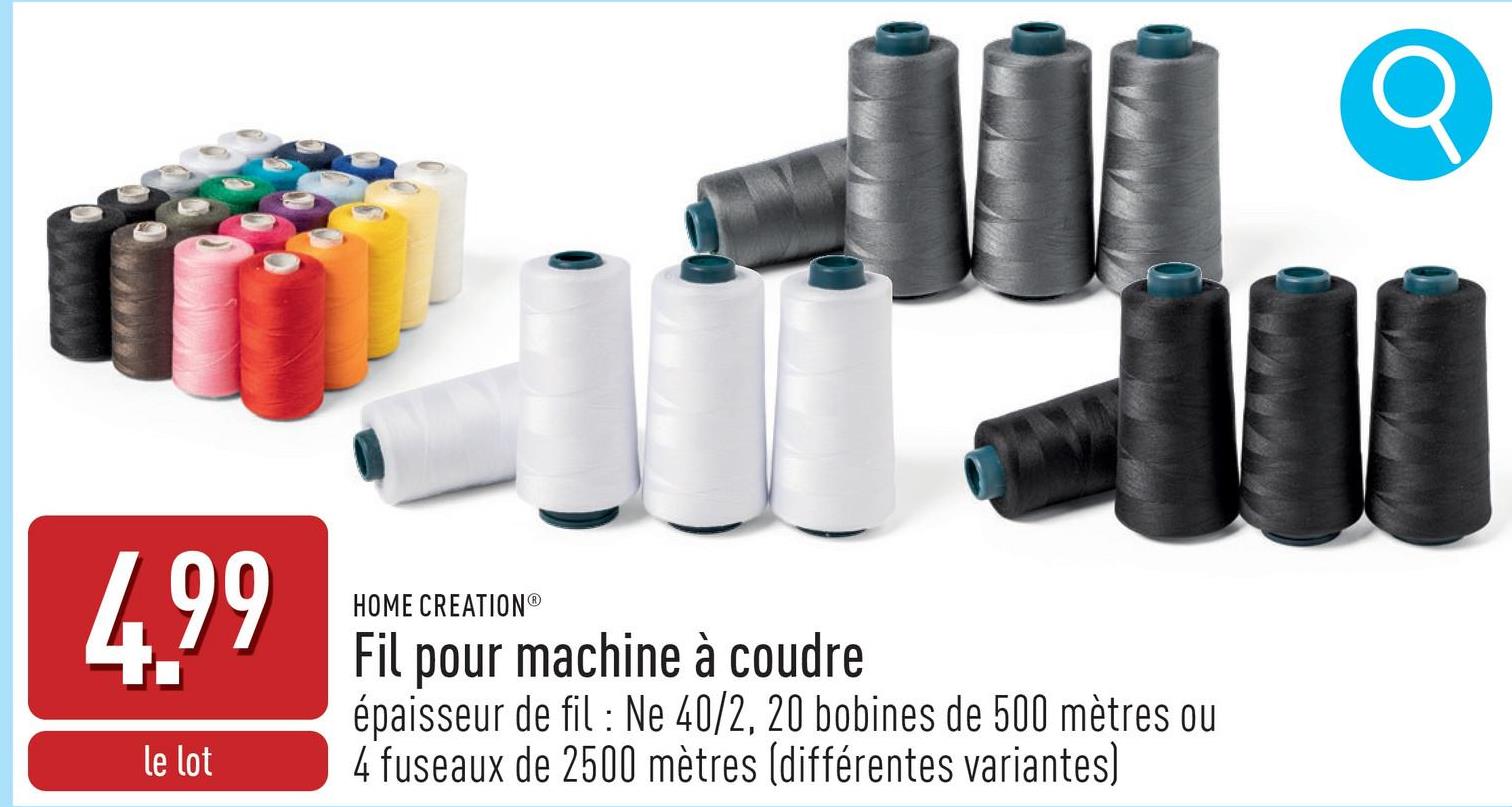 Fil pour machine à coudre polyester, épaisseur de fil : Ne 40/2, choix entre 20 bobines de 500 mètres ou 4 fuseaux de 2500 mètres (choix entre différentes variantes)