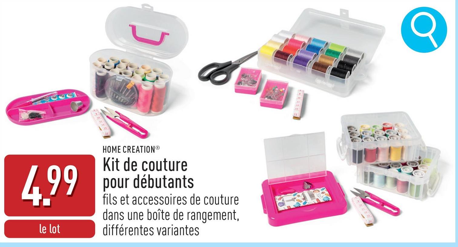 Kit de couture pour débutants choix entre différentes variantes dans une boîte de rangement pratique : ensemble composé de 56 pièces : 40 x 12 m de fil (polyester, Ne 40/2), 12 aiguilles, 1 coupe-fil, 1 mètre ruban, 1 enfile-aiguille et 1 dé à coudre ensemble composé de 73 pièces : 18 x 100 m de fil (polyester, Ne 40/2), 30 aiguilles, 2 épingles de sûreté, 1 coupe-fil, 1 enfile-aiguille, 1 découd vite, 1 dé à coudre, 10 boutons-pression et 8 boutons de chemise/chemisier et 1 mètre ruban ensemble composé de 90 pièces : 20 x 12 m de fil (polyester, Ne 40/2), 1 mètre ruban, 1 paire de ciseaux, 20 épingles de sûreté, 40 épingles tête de perle, 4 boutons blancs et 4 boutons noirs à 4 trous