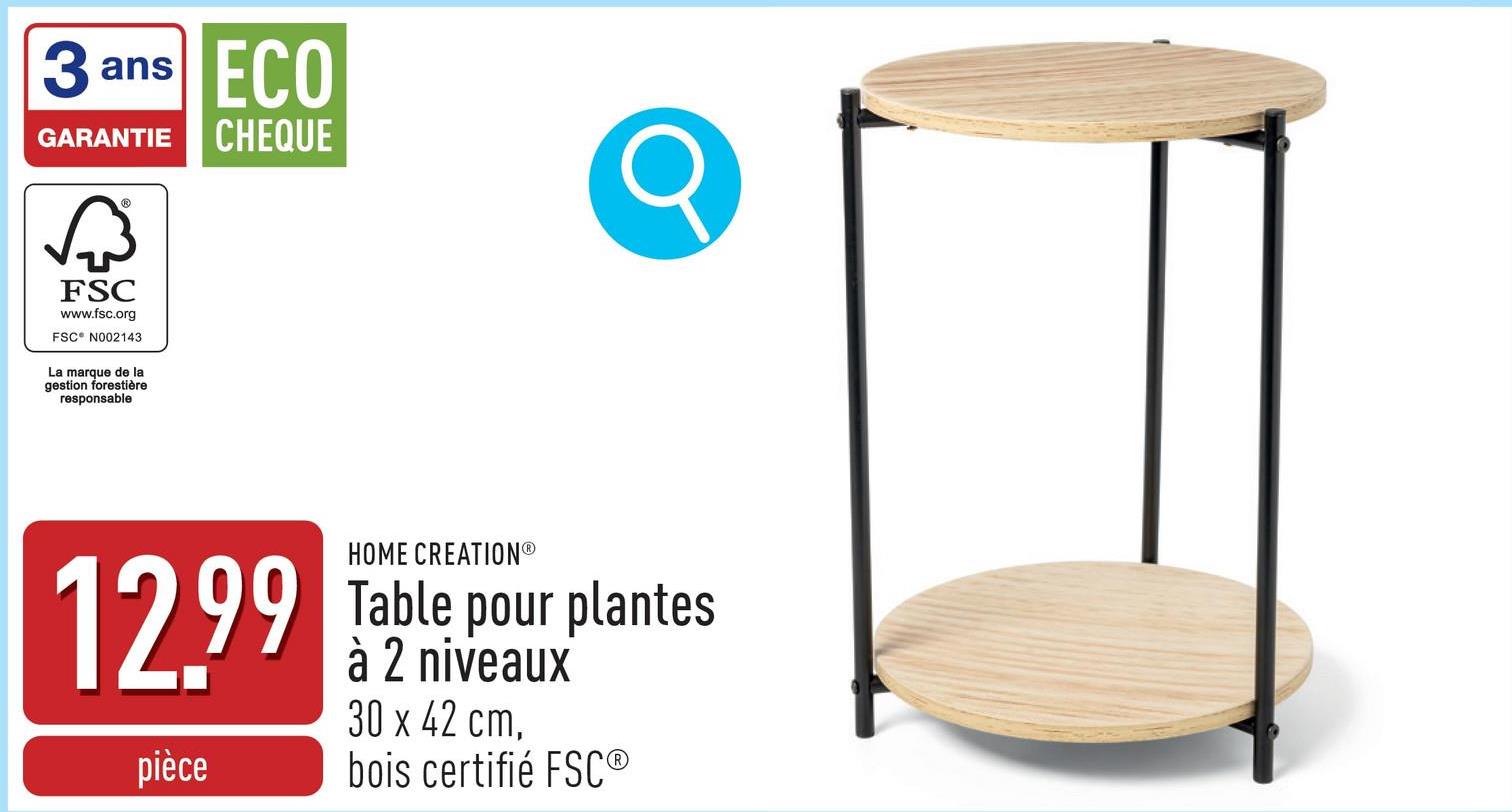 Table pour plantes à 2 niveaux métal poudré, planches en MDF, feuille de placage en pin d’un côté, revêtement en résine mélamine, env. 30 x 42 cm, design minimaliste, montage facile, bois certifié FSC®