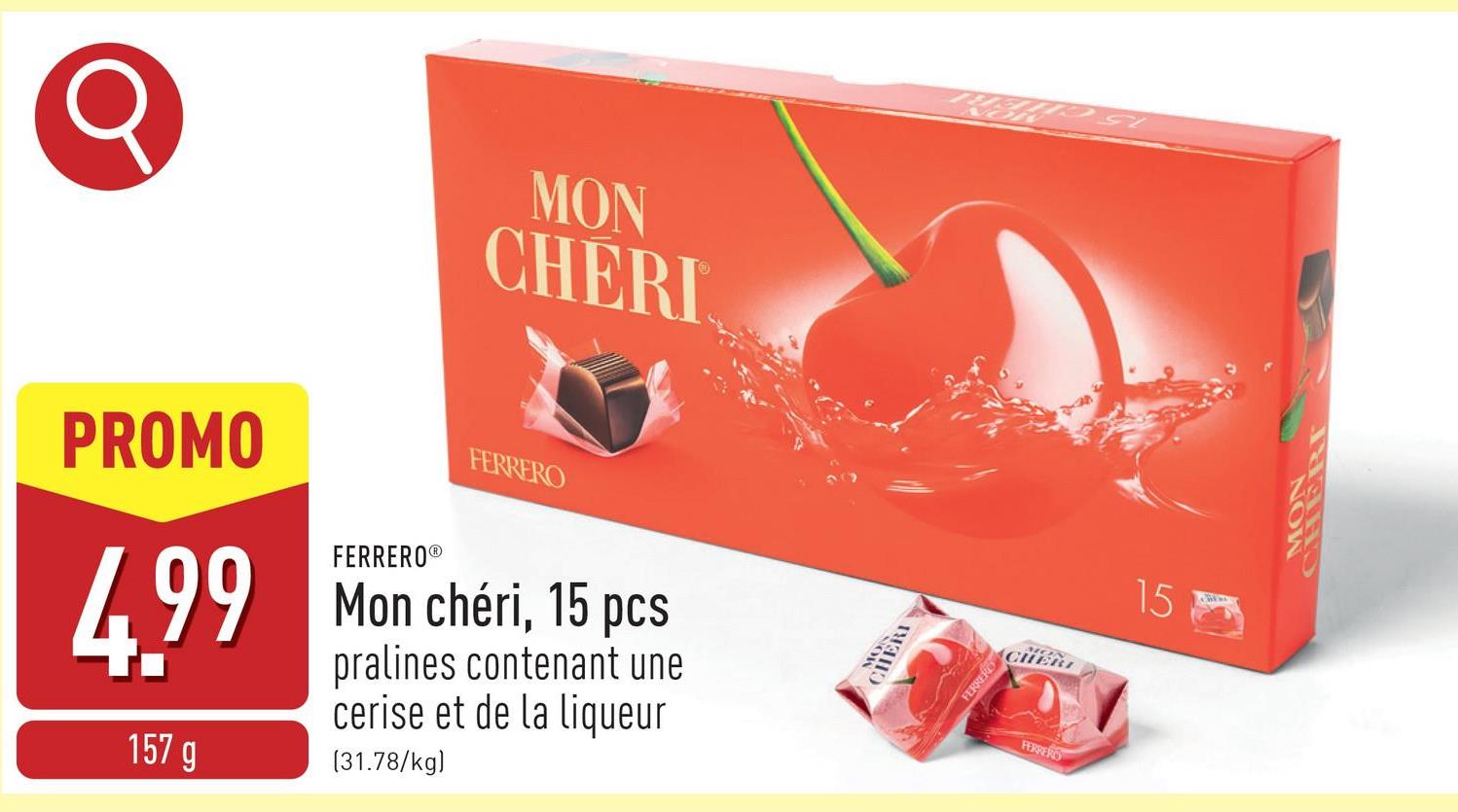 Mon chéri, 15 pcs pralines en chocolat contenant une cerise et de la liqueur, emballage individuel