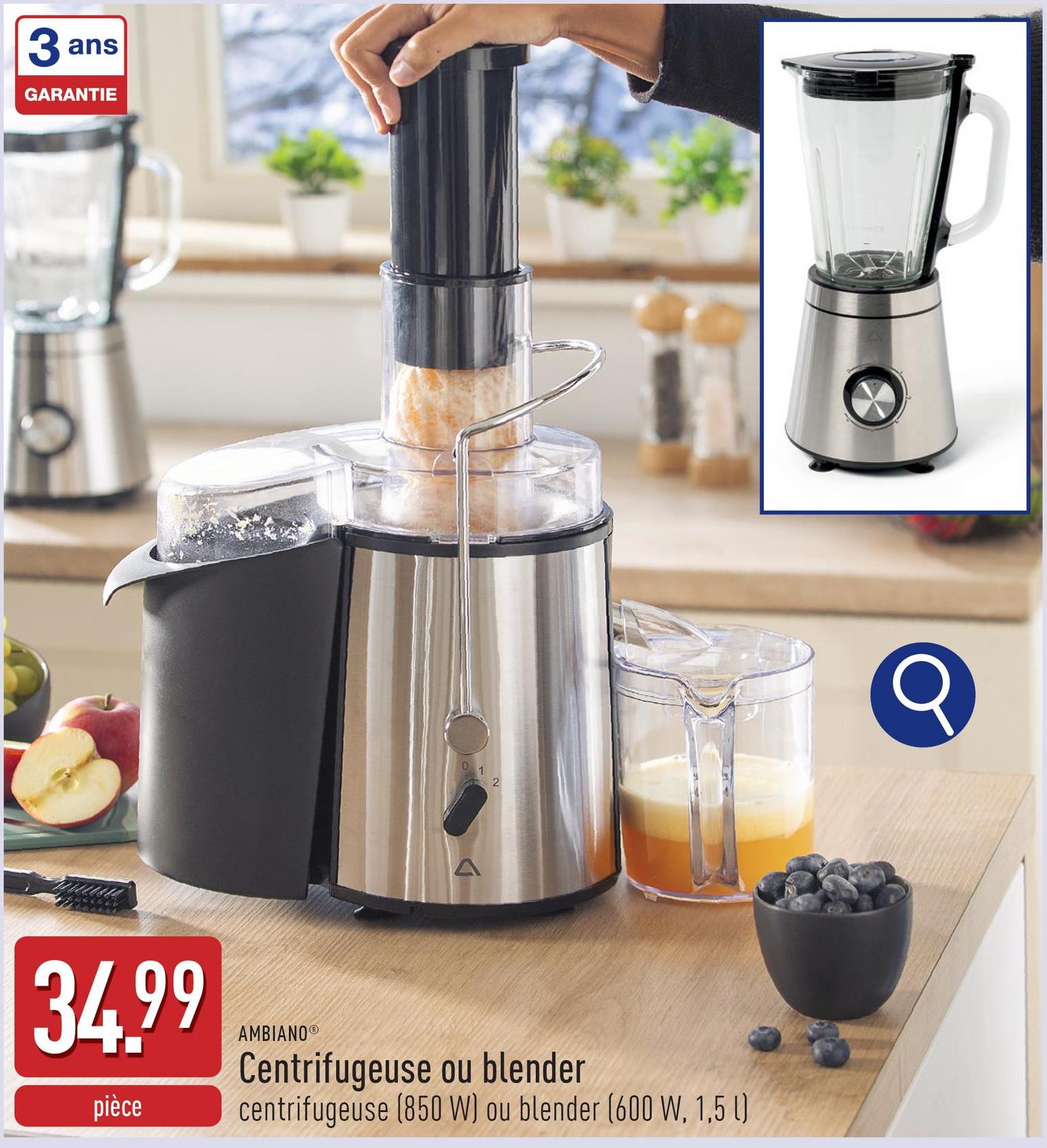 Centrifugeuse ou blender choix entrecentrifugeuse (850 W, contenance du bac à pulpe : 2 l, contenance du récipient à jus : 1 l, 2 vitesses, interrupteur de sécurité et protection contre la surchauffe, brosse de nettoyage, embout déverseur et filtre en maille incl., convient à tous les fruits et légumes)blender (600 W, contenance : 1,5 l, 5 vitesses et fonction pulse, lames et boîtier en acier inoxydable, récipient en verre amovible)