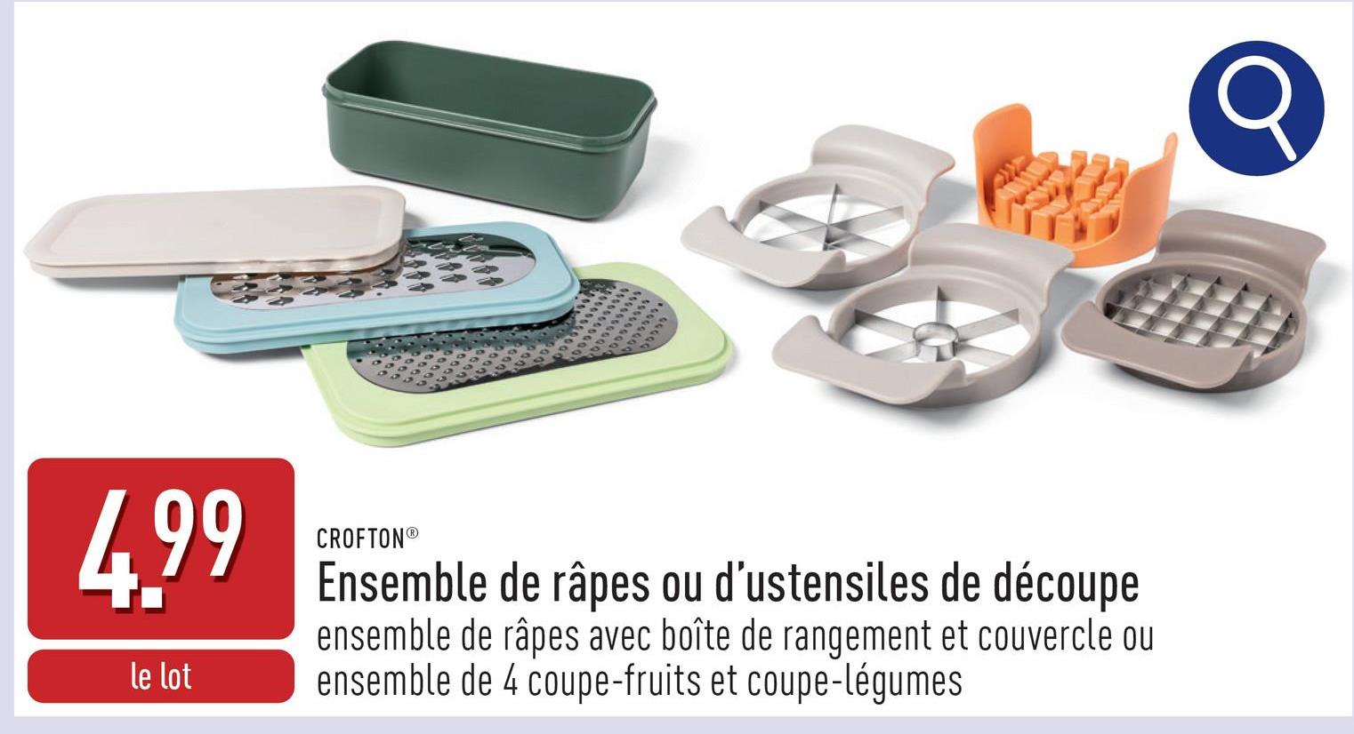 Ensemble de râpes ou d’ustensiles de découpe plastique et acier inoxydable, choix entre ensemble de râpes avec boîte de rangement et couvercle, et ensemble de 4 coupe-fruits et coupe-légumes