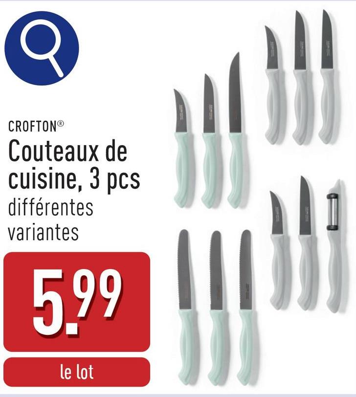 Couteaux de cuisine, 3 pcs choix entre lot de 3 couteaux à pain, ensemble comprenant 1 couteau à éplucher et 2 couteaux à légumes, ensemble comprenant 1 couteau à éplucher, 1 couteau à légumes et 1 couteau à tomates et ensemble comprenant 1 couteau à éplucher, 1 couteau à légumes et 1 économe