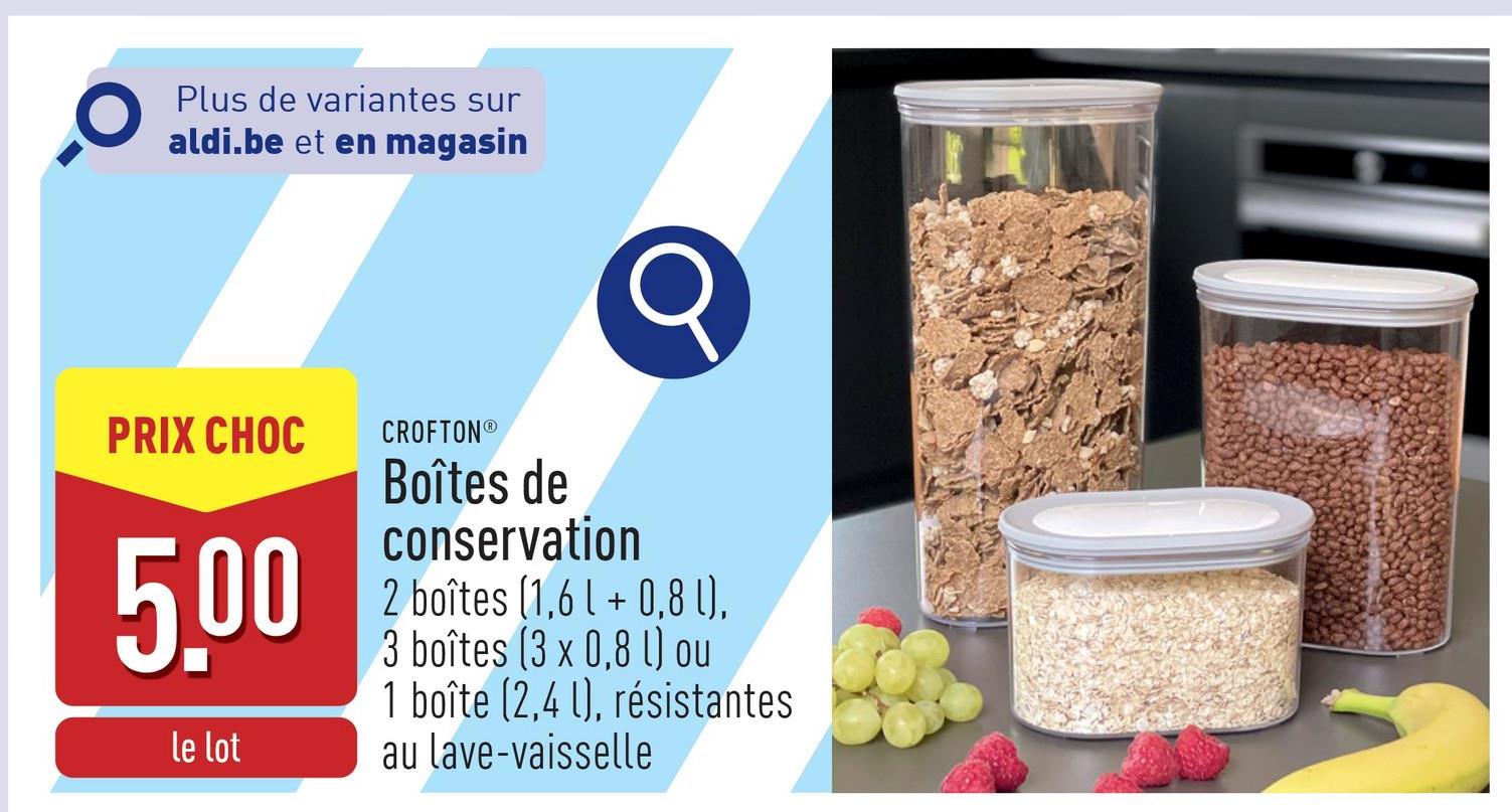 Boîtes de conservation choix entre 2 boîtes (1,6 l + 0,8 l), 3 boîtes (3 x 0,8 l) et 1 boîte (2,4 l), 100 % hermétiques, résistantes au lave-vaisselle