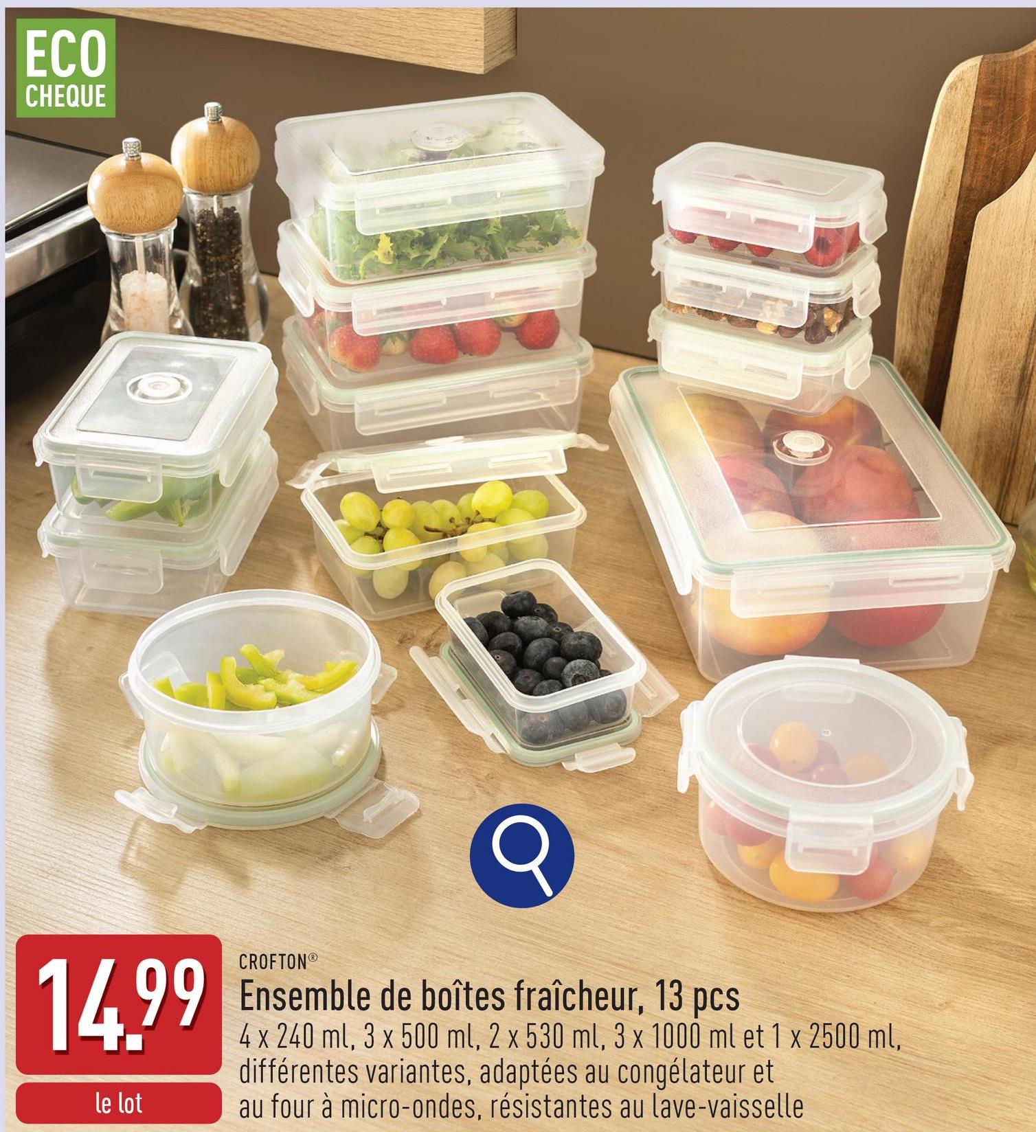 Ensemble de boîtes fraîcheur, 13 pcs 4 x 240 ml, 3 x 500 ml, 2 x 530 ml, 3 x 1000 ml et 1 x 2500 ml, choix entre différentes variantes, couvercle à clipser avec joint en silicone, adaptées au congélateur et au four à micro-ondes, résistantes au lave-vaisselle