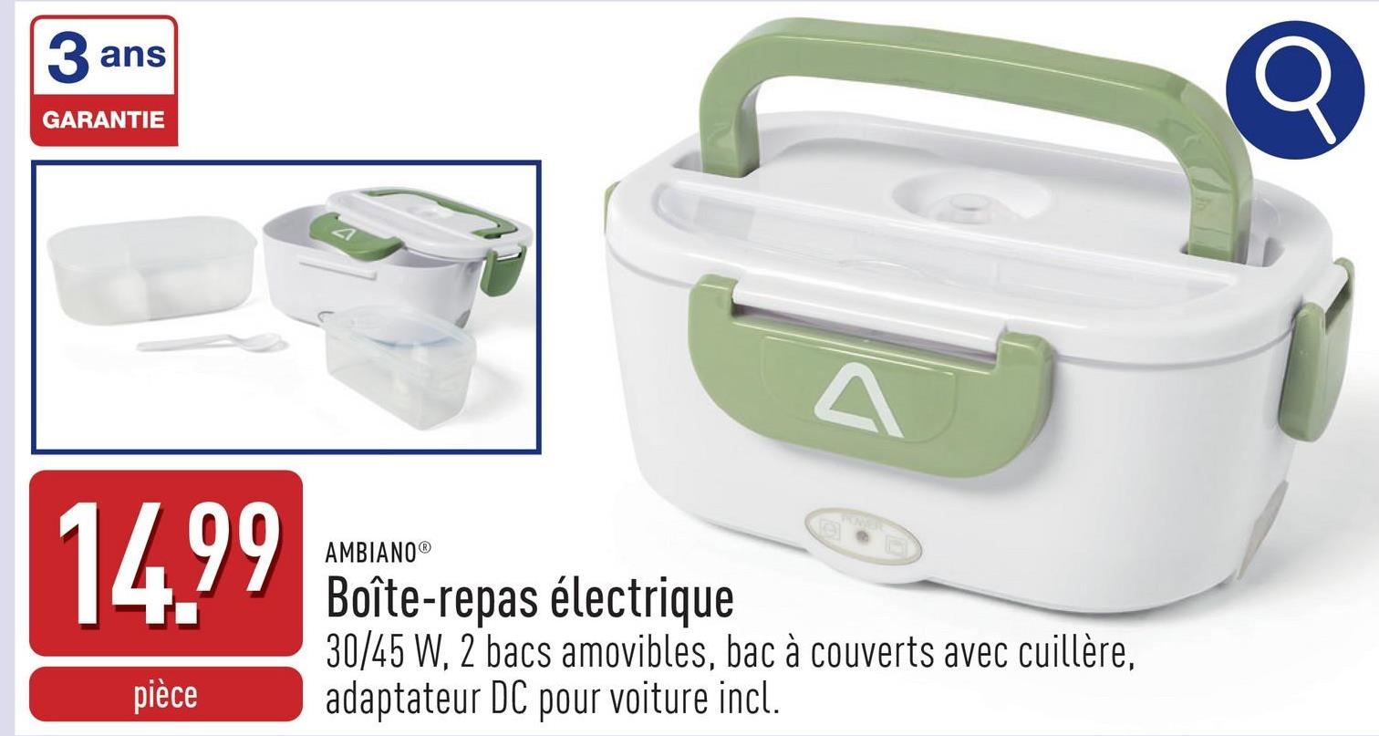 Boîte-repas électrique 30/45 W, 12 V/220-240 V, pour réchauffer les aliments, 2 bacs amovibles (résistants au lave-vaisselle et au micro-ondes), bac à couverts avec cuillère, adaptateur secteur et adaptateur DC pour utilisation en voiture