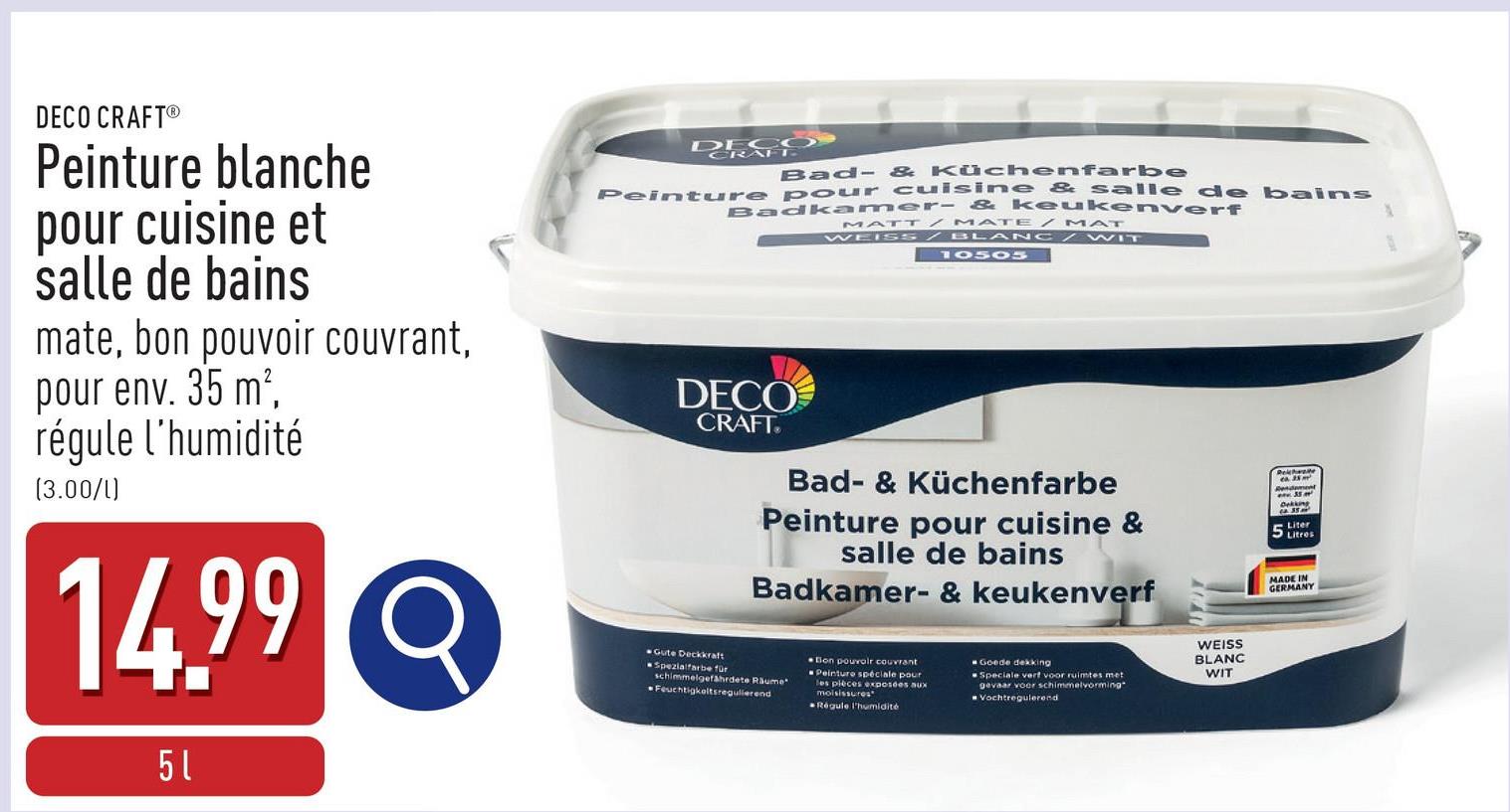 Peinture blanche pour cuisine et salle de bains mate, bon pouvoir couvrant, pour env. 35 m², régule l'humidité, pour les espaces présentant un risque de moisissure