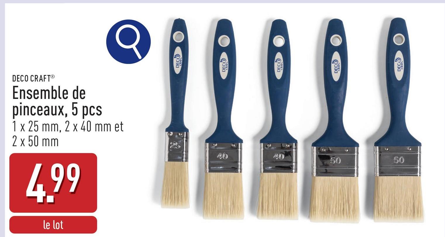 Ensemble de pinceaux, 5 pcs 1 x 25 mm, 2 x 40 mm et 2 x 50 mm, convient pour les peintures, les laques et les lasures, ergonomique, antidérapant et antibris