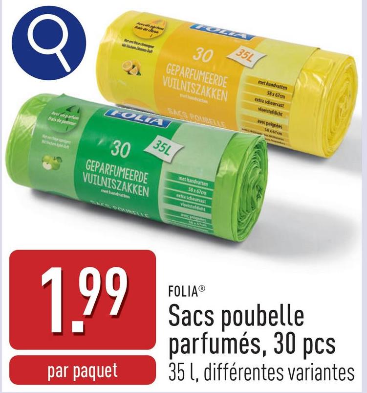 Sacs poubelle parfumés, 30 pcs 35 l, choix entre citron et pomme