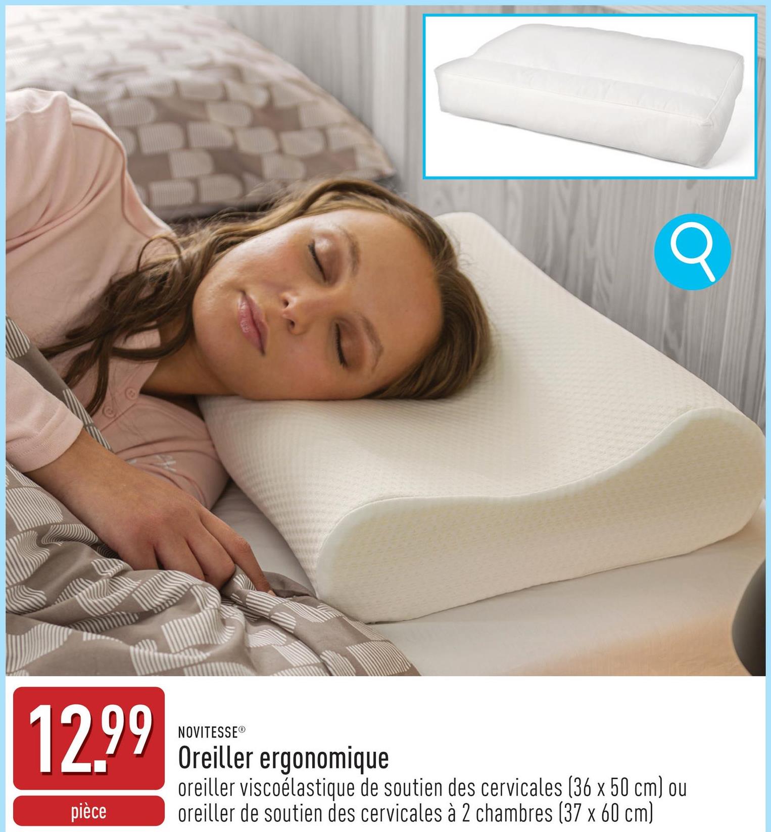 Oreiller ergonomique oreiller viscoélastique de soutien des cervicales (env. 36 x 50 cm) ou oreiller de soutien des cervicales à 2 chambres (env. 37 x 60 cm), le profil ondulé ergonomique assure une hauteur personnalisée pour le confort de la nuque, la mousse viscoélastique réagit individuellement au poids et à la température du corps et soulage ainsi la colonne cervicale de manière optimale, certifié OEKO-TEX®