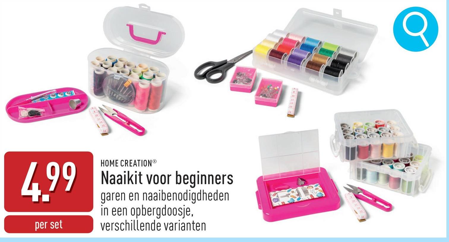 Naaikit voor beginners keuze uit verschillende varianten in een handig opbergdoosje:56-delige set: 40 x 12 m garen (polyester, Ne 40/2), 12 naainaalden, 1 draadschaar, 1 meetlint, 1 naaldinsteker en 1 vingerring73-delige set: 18 x 100 m garen (polyester, Ne 40/2), 30 naainaalden, 2 veiligheidsspelden, 1 draadschaar, 1 naaldinsteker, 1 tornmesje, 1 vingerhoed, 10 druk- en 8 hemd-/blouseknopen en 1 meetlint90-delige set: 20 x 12 m garen (polyester, Ne 40/2), 1 meetlint, 1 schaar, 20 veiligheidsspelden, 40 spelden met parelkopje, 4 witte en 4 zwarte 4-gaatsknopen