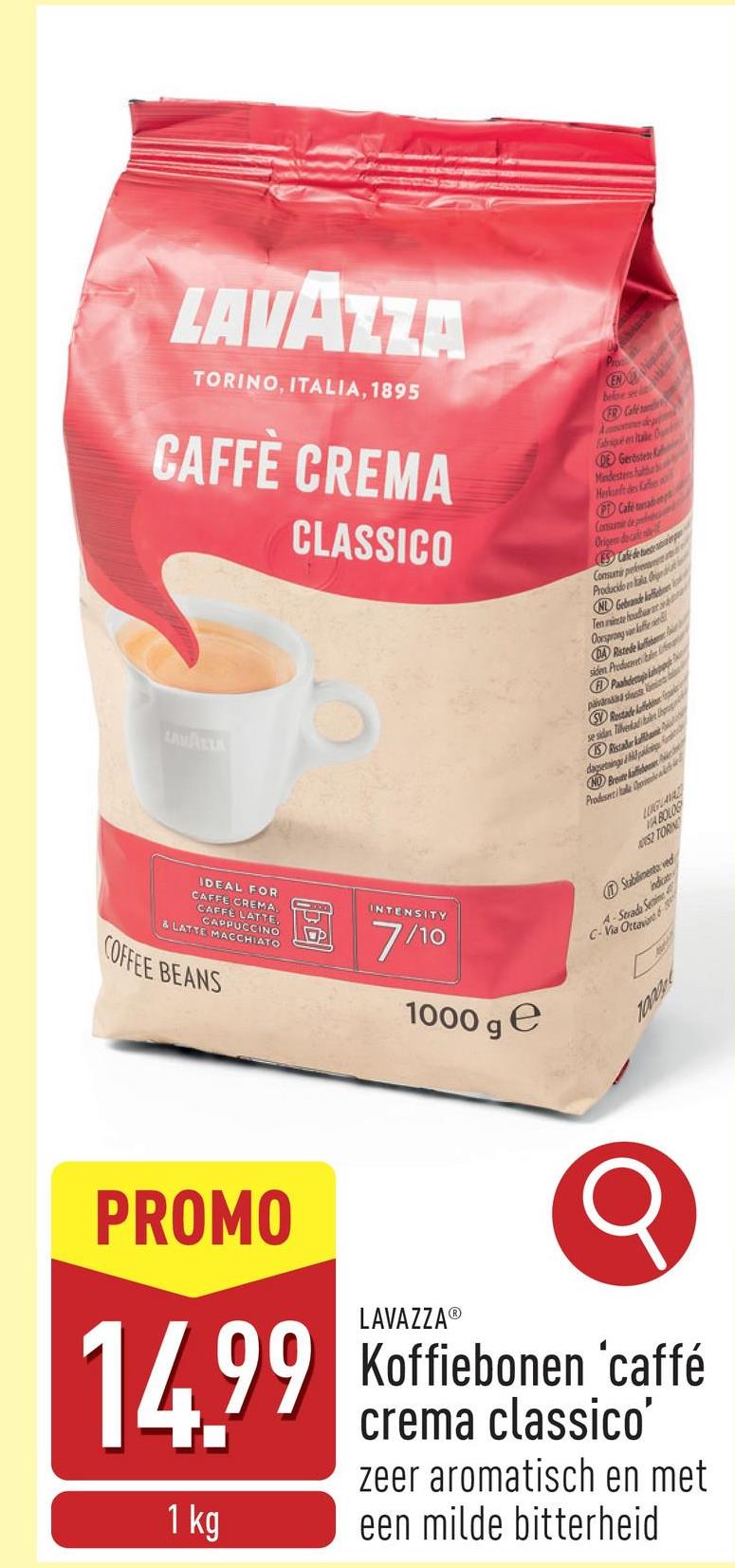 Koffiebonen 'caffé crema classico' een mix van arabica- en robustakoffiebonen, zeer aromatisch en met een milde bitterheid