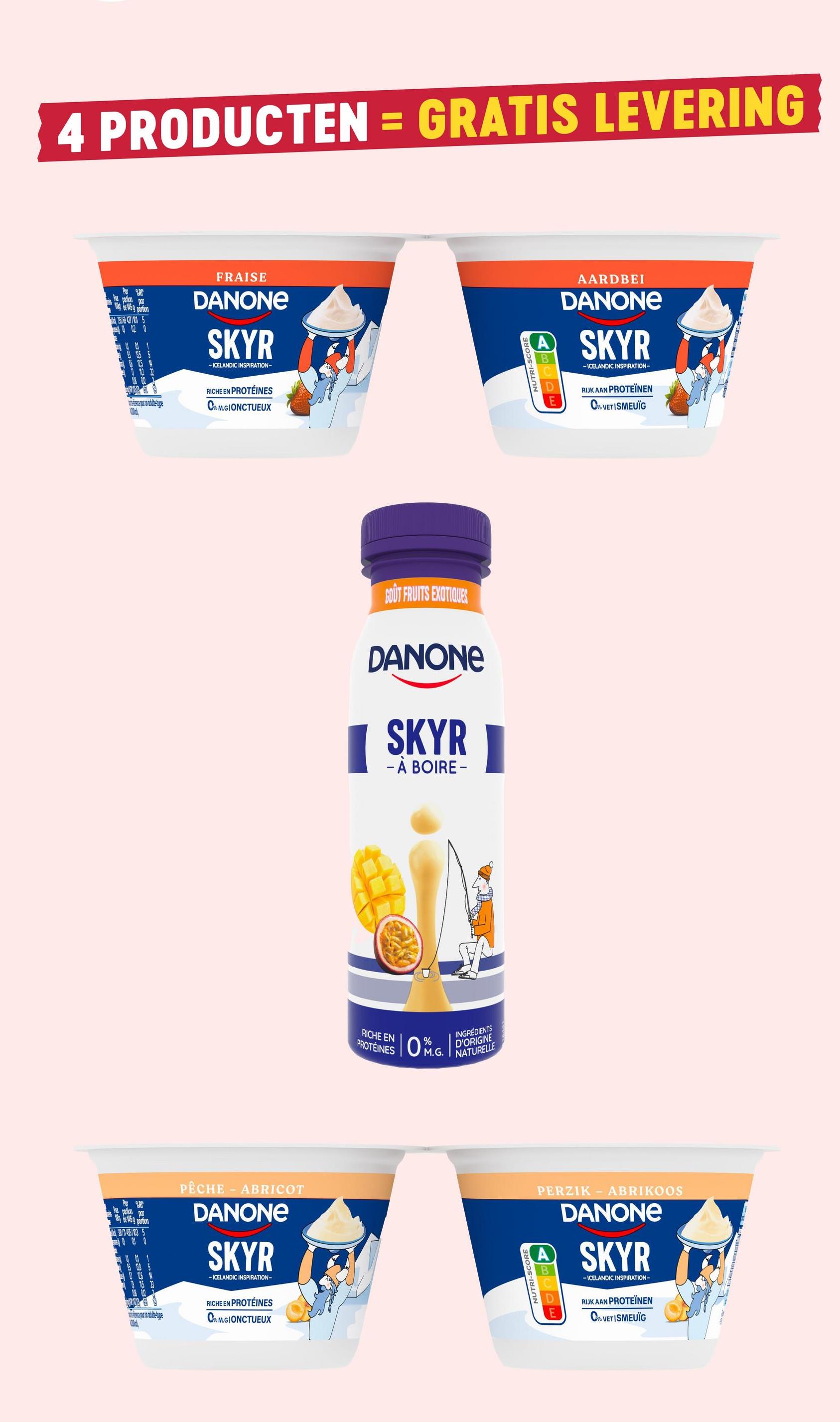 Skyr | Aardbei Danone gearomatiseerde skyr is een recept geïnspireerd door IJsland, van nature rijk aan eiwitten en met 0% vet. Deze skyr is gemaakt van eenvoudige ingrediënten, goede melk en fermenten.