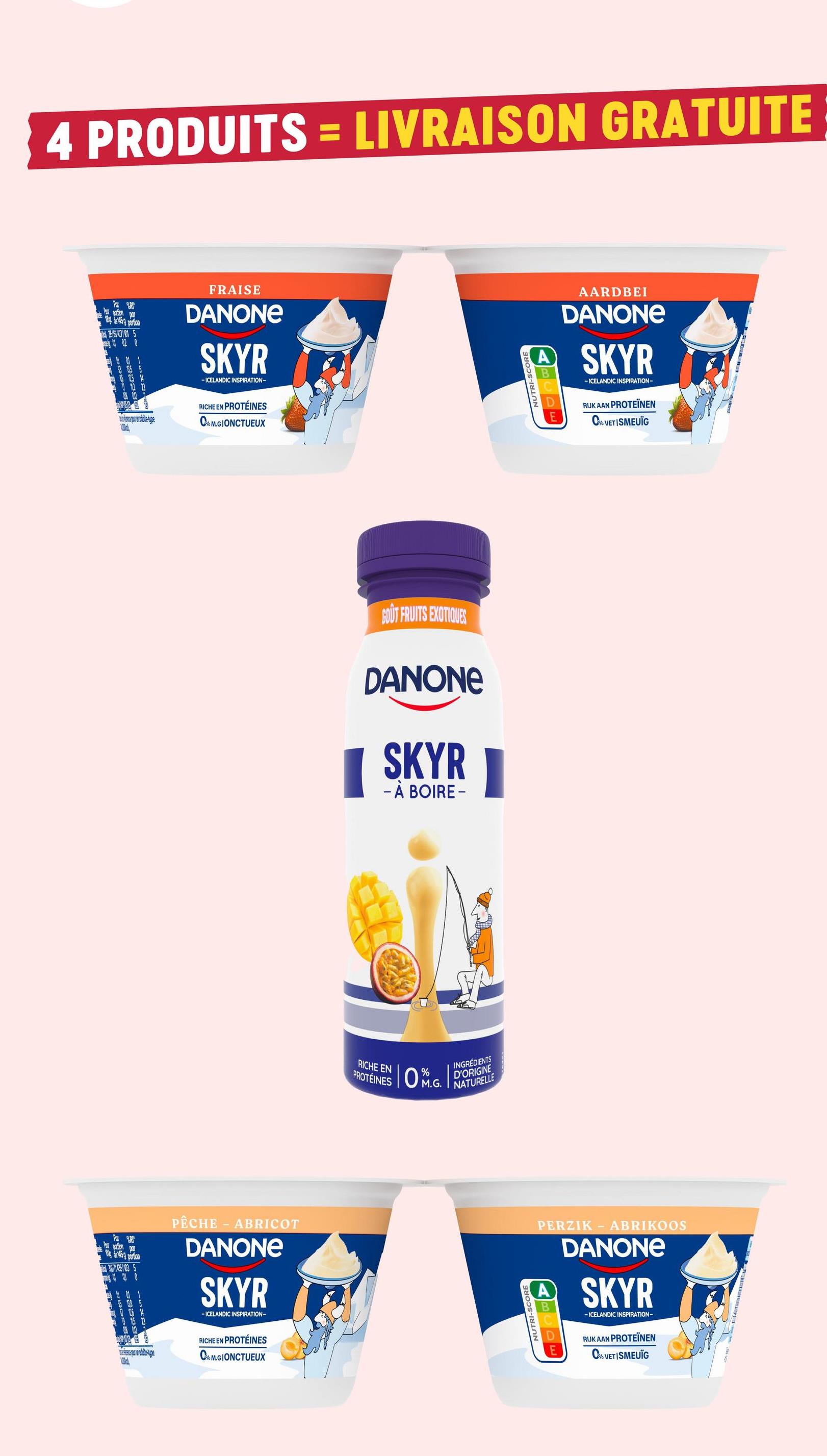 Skyr | Fraise Le skyr aromatisé Danone est une recette inspirée d'Islande, naturellement riche en protéines et avec 0% de matières grasses. Ce skyr est fabriqué à base d'ingrédients simples, du bon lait et des ferments.