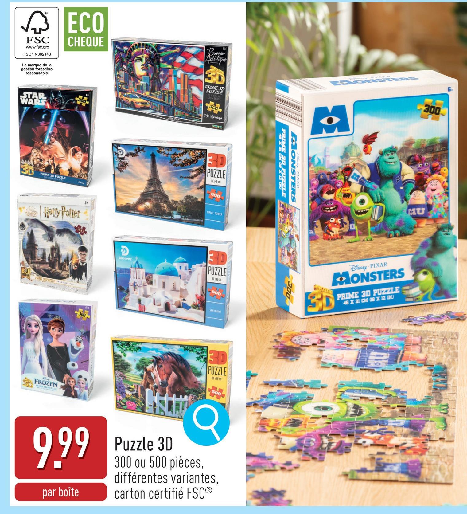 Puzzle 3D 300 ou 500 pièces, choix entre différentes variantes, carton certifié FSC®