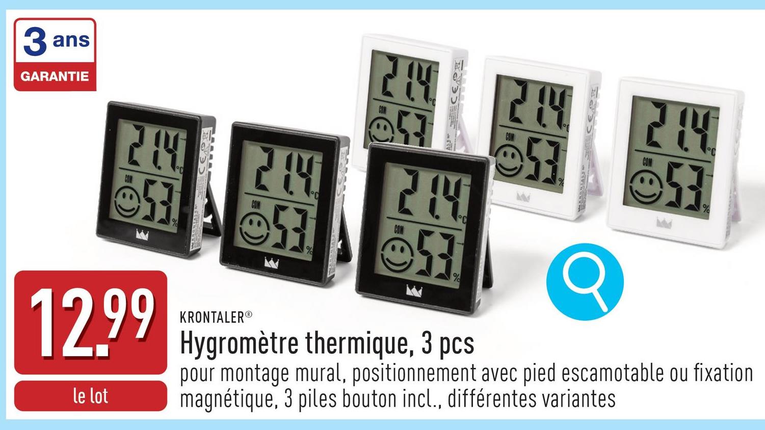 Hygromètre thermique, 3 pcs pour montage mural, positionnement avec pied escamotable ou fixation magnétique, 3 piles bouton incl., différentes variantes