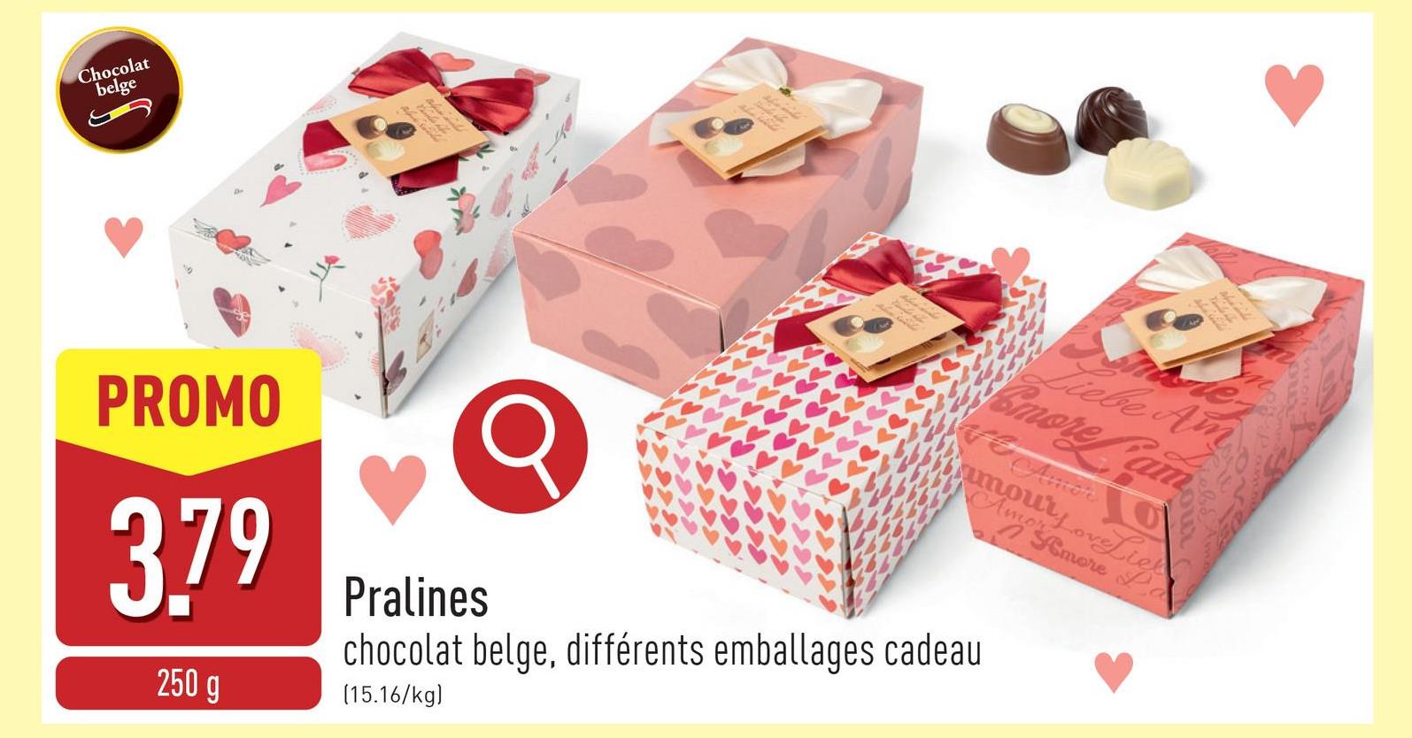 Pralines pralines avec différentes ganaches (chocolat blanc, au lait et noir), chocolat belge, choix entre différents emballages cadeau