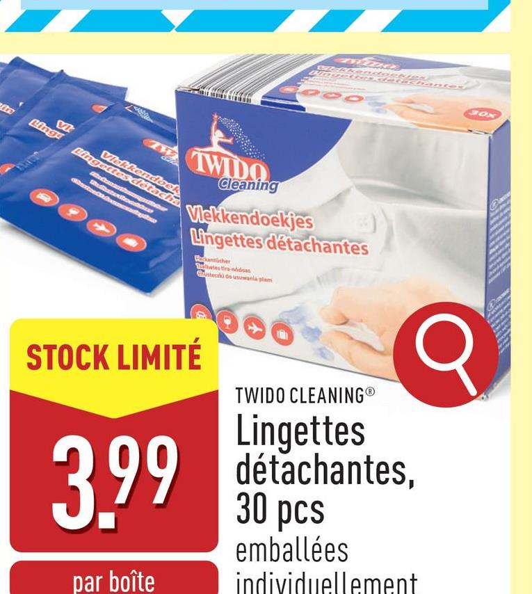 Lingettes détachantes, 30 pcs éliminent les taches sur les textiles, emballées individuellement