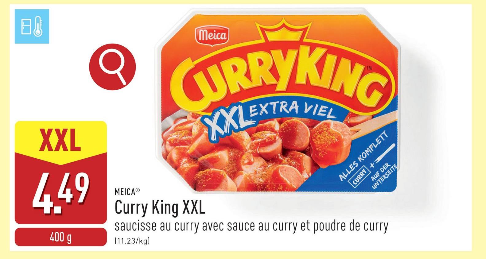 Curry King XXL saucisse au curry avec sauce au curry et poudre de curry, à préparer au four à micro-ondes