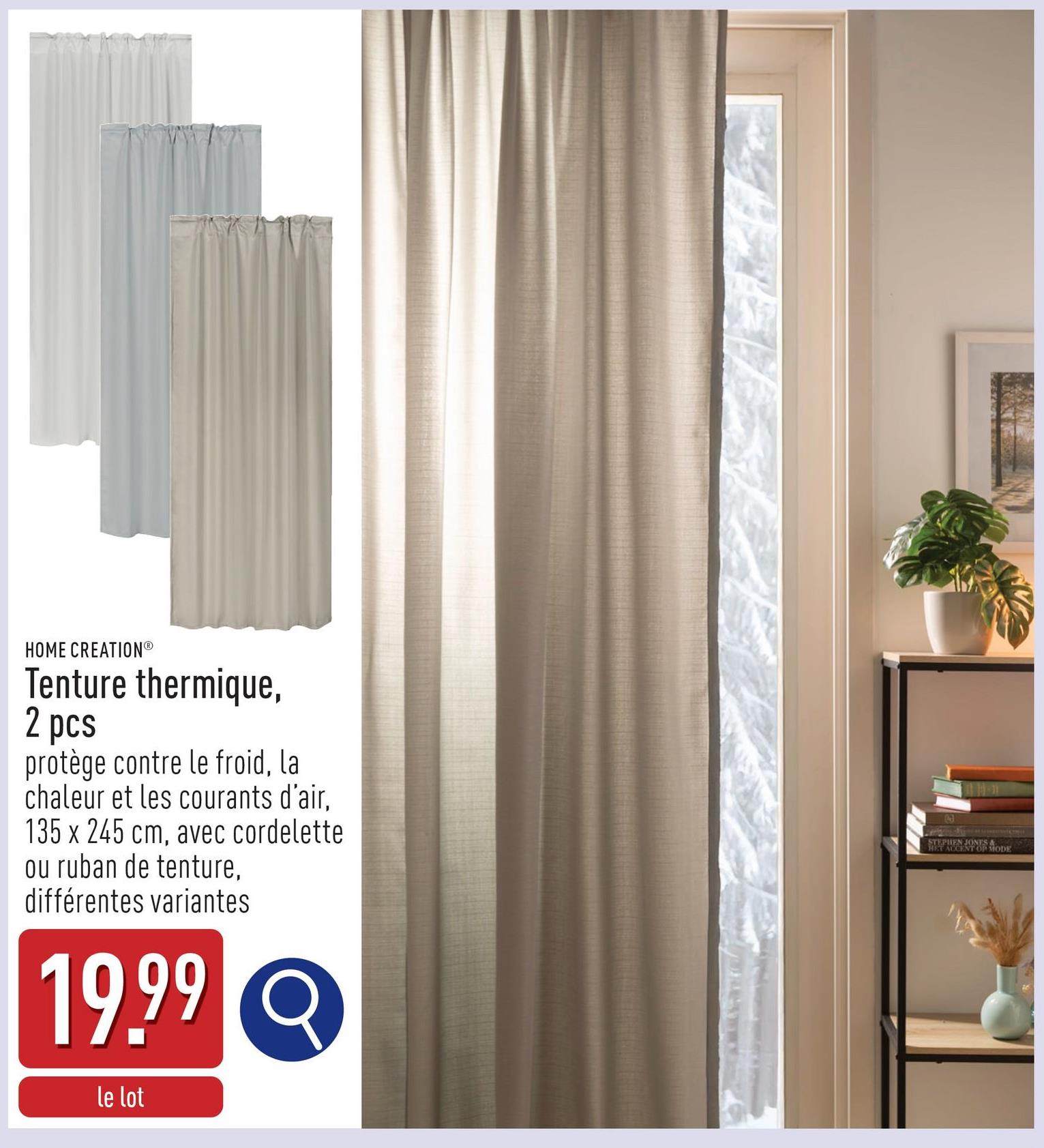 Tenture thermique, 2 pcs face avant : polyester, face arrière : polyester/polaire, protège contre le froid, la chaleur et les courants d'air, avec cordelette ou ruban de tenture, 135 x 245 cm, choix entre différentes variantes, certifié OEKO-TEX®