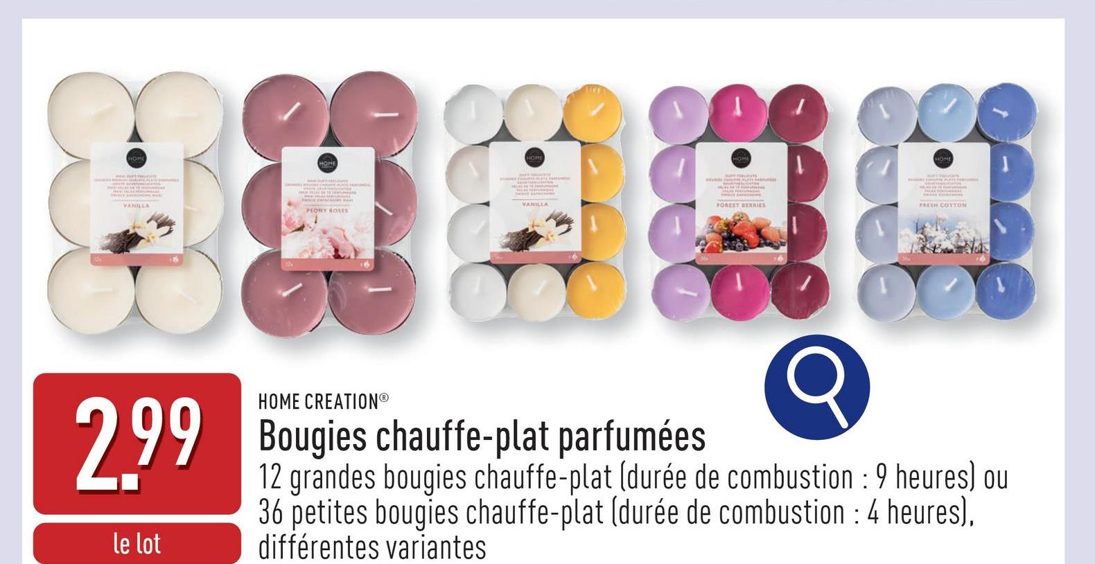 Bougies chauffe-plat parfumées choix entre 12 grandes bougies chauffe-plat (durée de combustion : 9 heures) et 36 petites bougies chauffe-plat (durée de combustion : 4 heures), choix entre différentes variantes